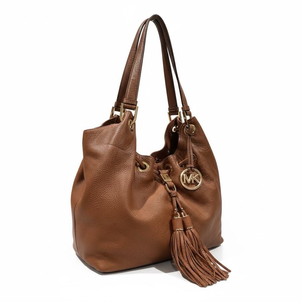Michael Kors Camden Luggage Brown Drawstring Hobo Bag Fringe Tassel Gold NWOT